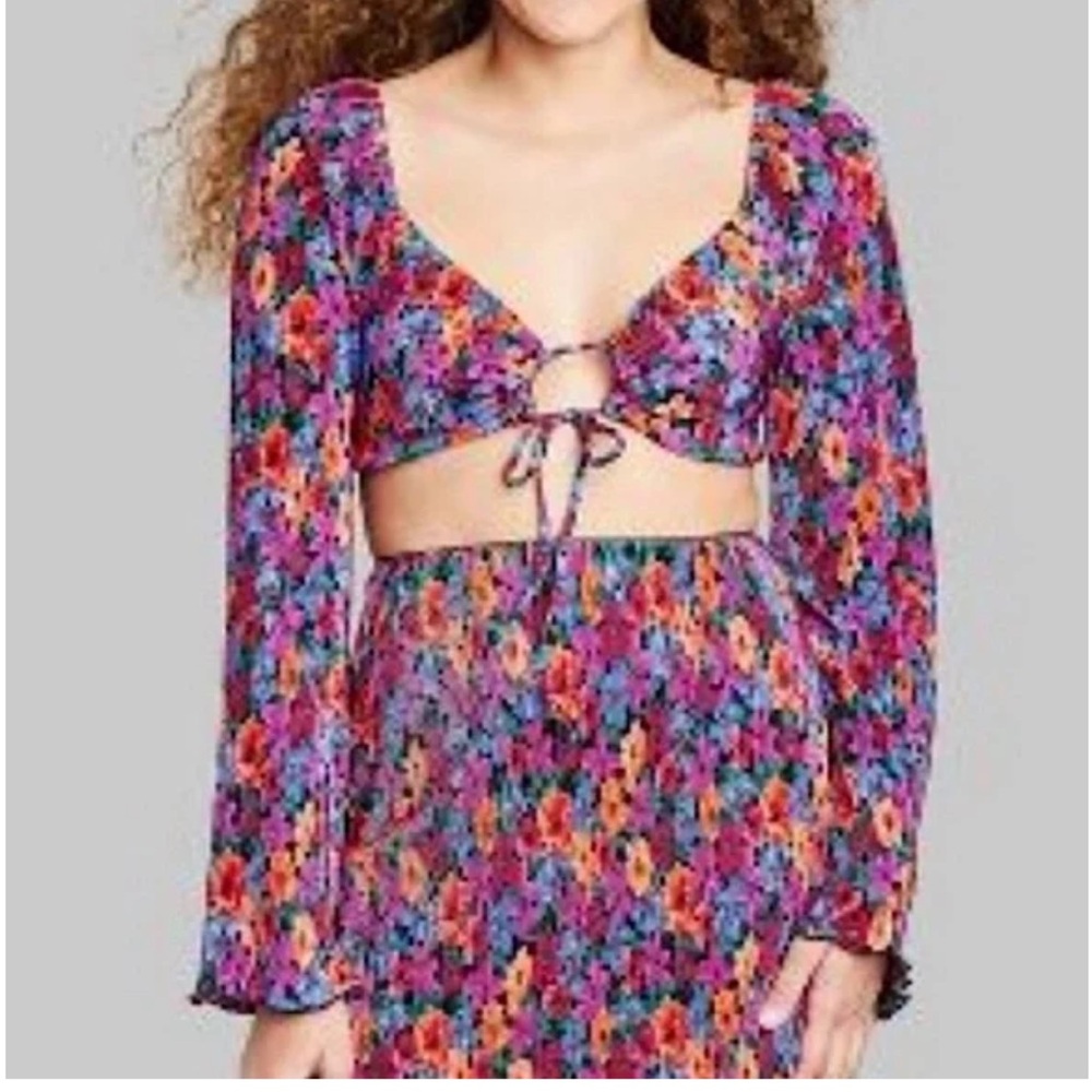 Wild Fable Pleated Floral Half Shirt With Bell Sleeves & matching skirt size S